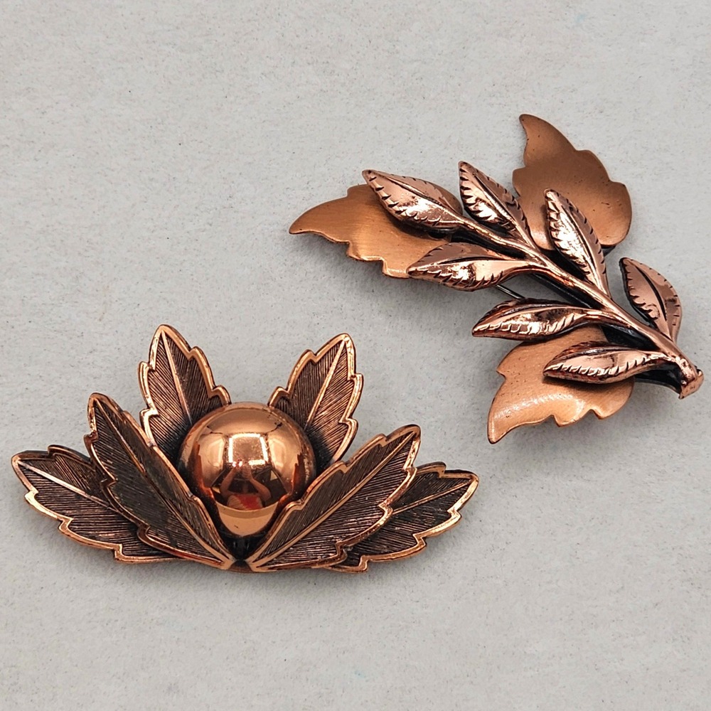 Vintage Copper Brooch Pins 2pc Leaf Botanical MCM Renoir Copper Bell